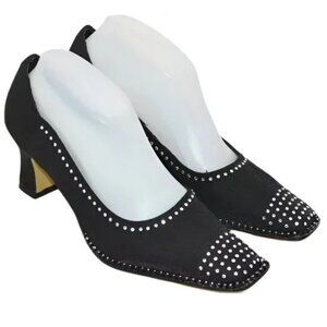 Valenti Franco Italian Leather Black Rhinestone Structured Dress Pumps Heels 8